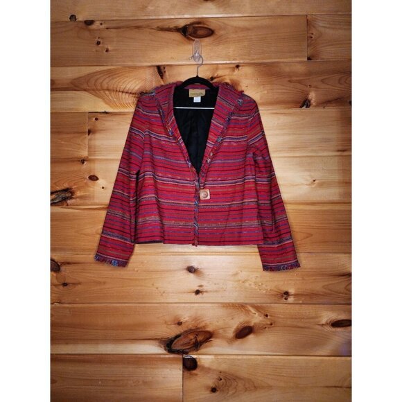 Painted Pony Women’s medium Red Striped Cotton Fringed Button Jacket Made in USA - Picture 8 of 10
